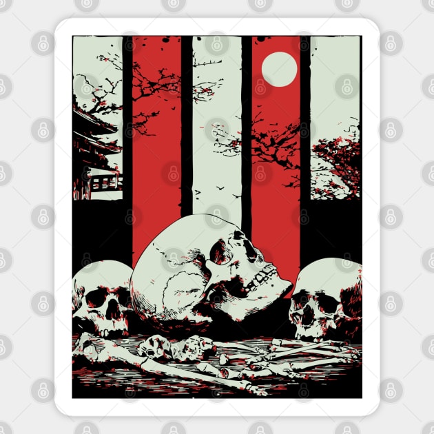 Skulls in a Japanese Garden Vintage Ukiyo-e Art Magnet by TuncGK